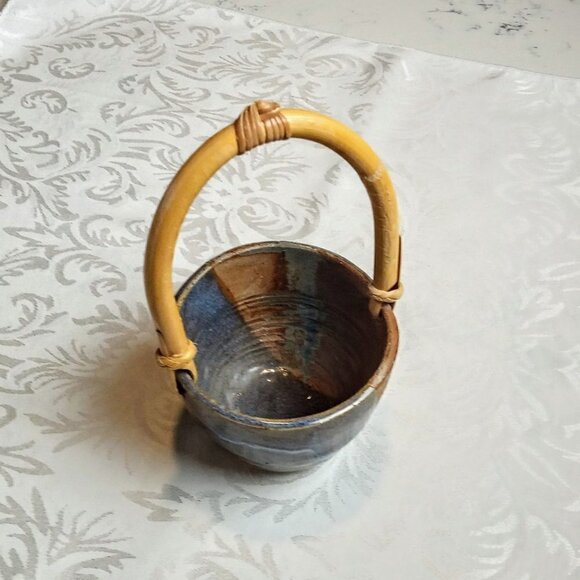 Bamboo Handle Blue & Tan Glazed Pottery Bowl - Picture 8 of 8